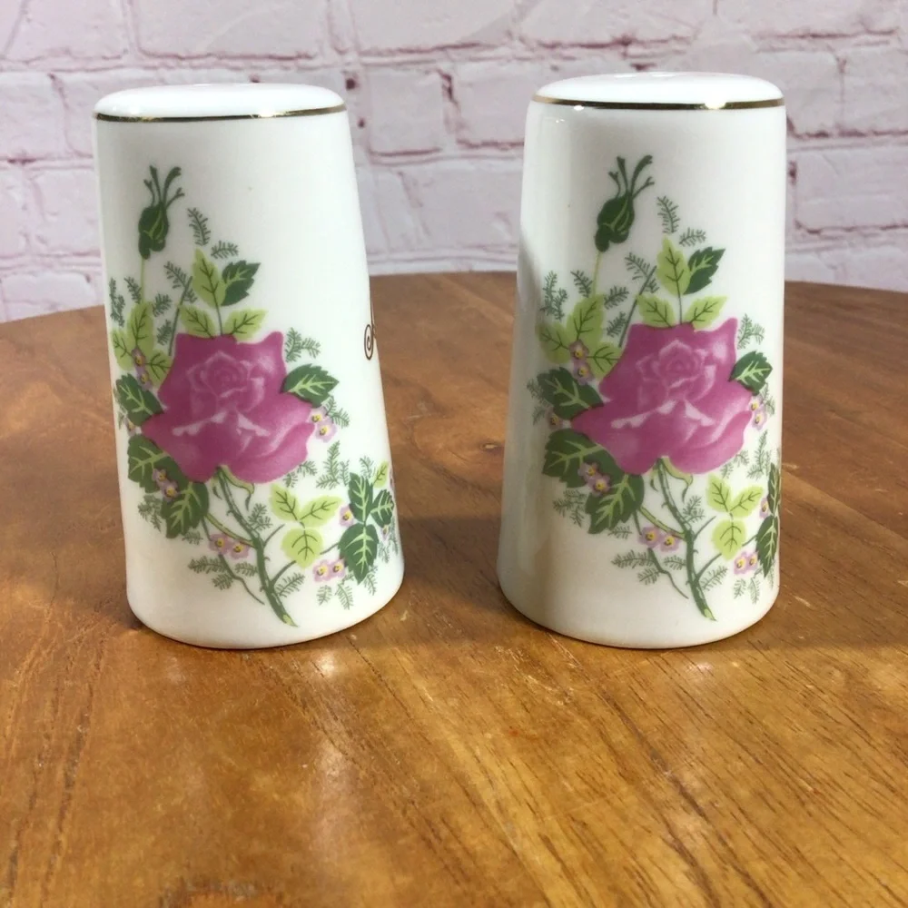 Vintage Pink Rose 50th Anniversary Porcelain Salt and Pepper Shaker Pair